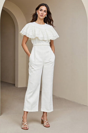 Ruffled White Round Neck Long Jumpsuit
